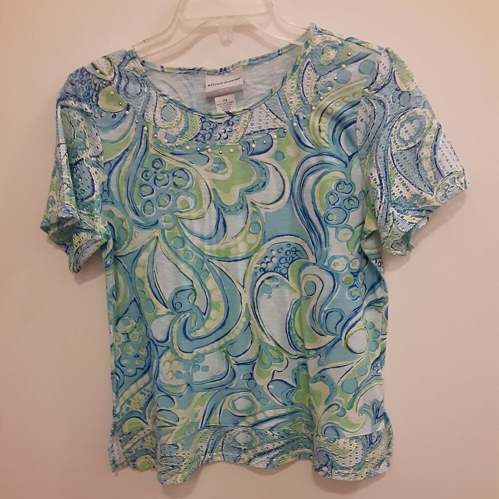 Alfred Dunner PS White/Green/ Blue Top w/Embroidered Beaded Neckline, Sleeve/Hem